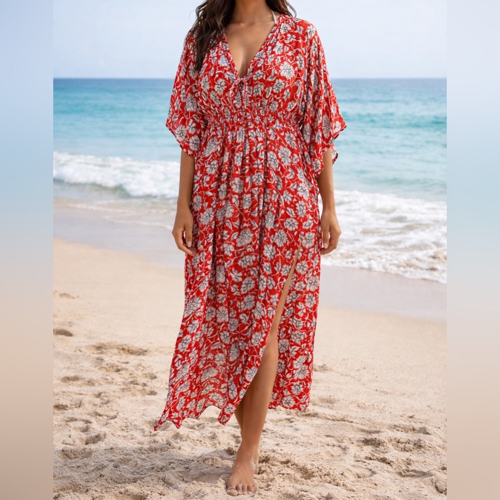 Chic Red Floral Swim Coverup